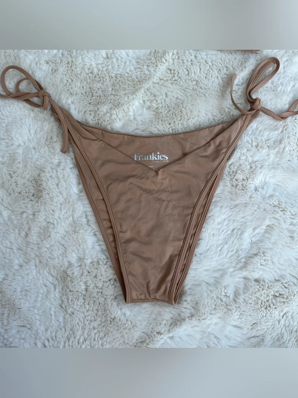 Frankie's Bikini's tan jenna ribbed bandeau bikini top and matching tie bottoms